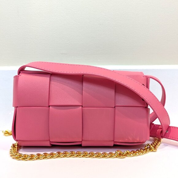 Mini Cassette Style Pink Woven Leather Belt Bag – Bottega Inspired | Gold Chain - Picture 1 of 8
